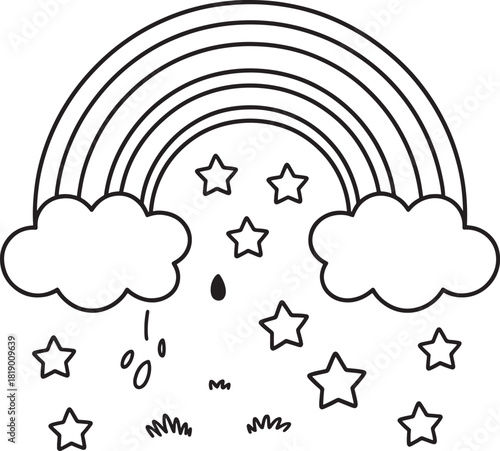 rainbow with clouds stars and raindrops Simple line art