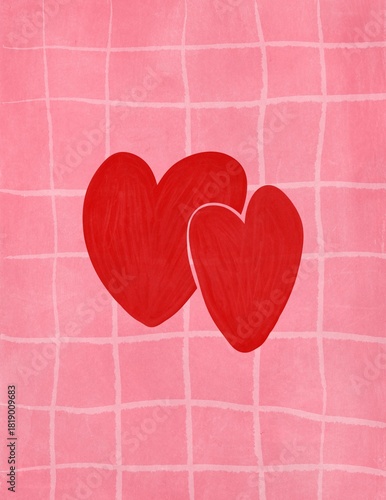 Hand drawn red hearts on pink grid background