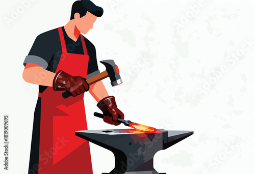 A blacksmith, in apron and gloves, forges metal on an anvil, with a hammer raised. Glowing metal in focus