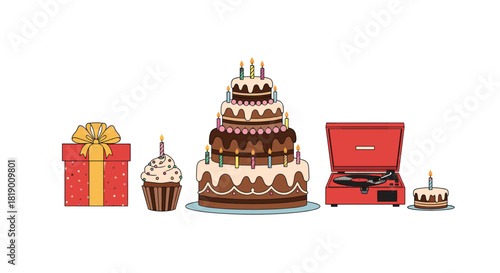 A vibrant illustration of birthday celebration essentials featuring a gift, cakes with lit candles, a cupcake, and a vintage record player.