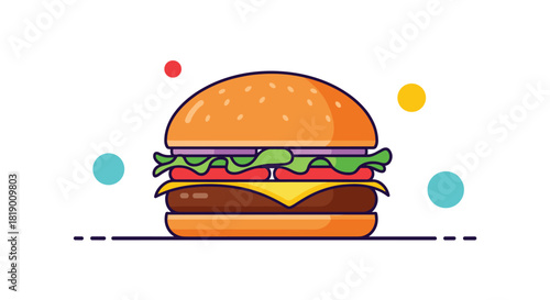 A delicious and colorful cartoon-style cheeseburger with fresh ingredients, depicted against a clean white background with abstract accent elements.