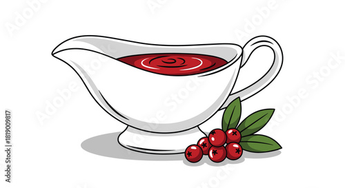 Cartoon illustration of a white gravy boat filled with vibrant red cranberry sauce, with fresh cranberries and green leaves beside it.