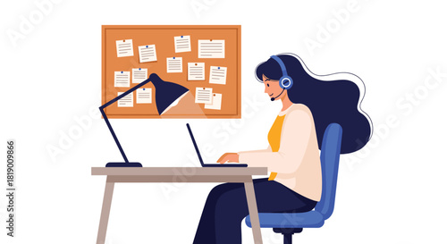 Young woman working efficiently on a laptop with a headset at a desk in a well-organized home office environment.