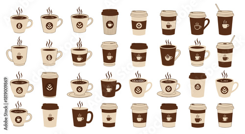 Seamless pattern of various stylized coffee cups and mugs with steam, in warm brown and beige tones, ideal for coffee-themed designs.