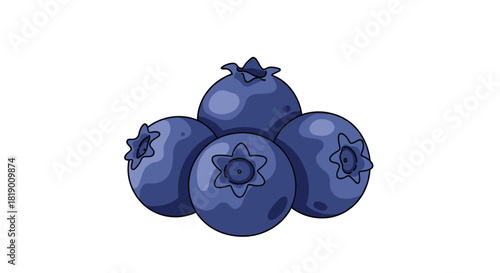 An appealing illustration of a small cluster of five ripe blueberries, featuring their deep blue hue and distinct crown, set against a clean white background.