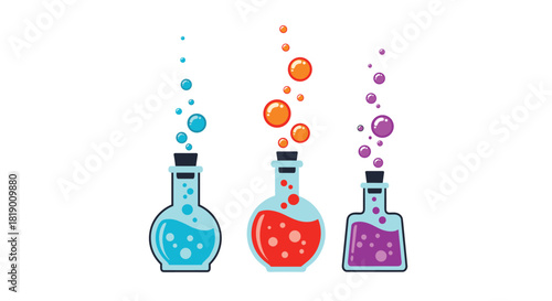 Three colorful cartoon potion bottles, in blue, red, and purple, each bubbling with liquid and releasing effervescent magical bubbles.