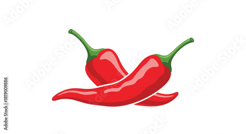 Two vibrant red chili peppers with green stems, featuring a smooth, glossy texture and a spicy appearance, isolated on a white background.