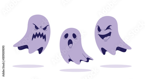 Three distinct purple cartoon ghosts portray a range of emotions, including anger, surprise, and mischievous winking, floating playfully.