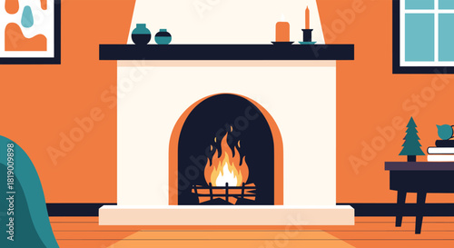 Warm and inviting living room interior with a lit fireplace, featuring minimalist decor and a cozy winter atmosphere.