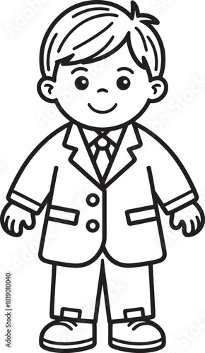 Simple black drawing of a happy boy in a suit line art