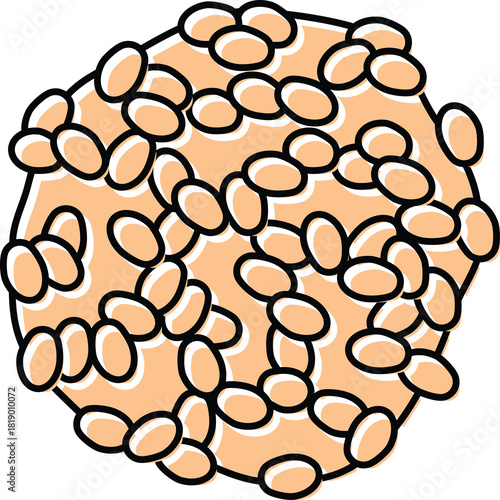 Microscopic view of a cluster of beige oval shapes against a light orange hexagonal background with black outlines representing a biological cell or organism magnified with transparent background