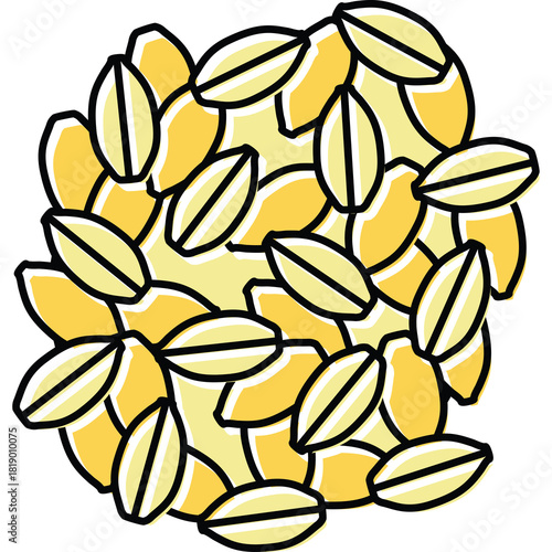 Pile of Golden Oats Cereal Grains Arranged in a Circular Pattern on a Light Yellow Background Abstract Representation of Breakfast Food