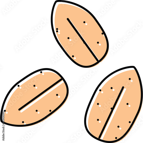 Illustration of three light brown peanut kernels with black outlines and subtle speckles on a transparent background