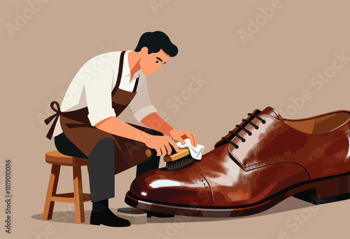 Illustration of a cobbler meticulously shining a large brown leather shoe with brush and cloth