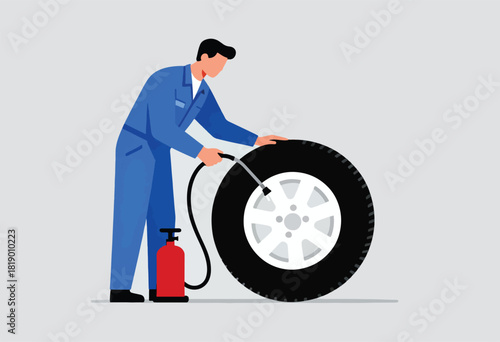 Mechanic in blue coveralls pumping air into a tire, a red pump nearby. Minimalist design on gray