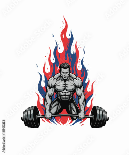 Illustrative Powerlifter Primed for Deadlift with Fiery Background Symbolizing Strength and Determination in Intense Workout