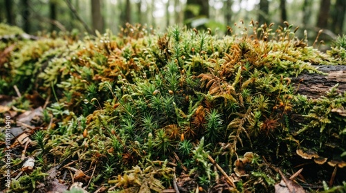 Vibrant Green and Brown Mosses with Water Droplets on Forest Floor