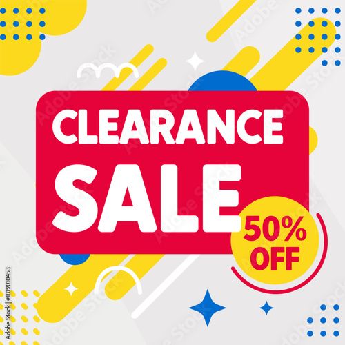 Bright Memphis-style background with geometric shapes and abstract patterns, featuring bold “Sale Clearance” text. Design for promo banners, discount ads, social media posts, and store promotions. 