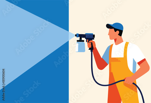 Vector illustration of a painter in coveralls spraying paint onto a wall. Geometric blue design on the left