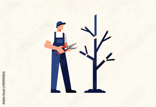 A person in work overalls and a hat prunes a bare tree with garden shears. Background is textured