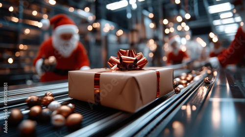 A beautifully wrapped gift box with a shiny bow is placed amid festive lights and cheerful elves working in a magical Christmas factory atmosphere.