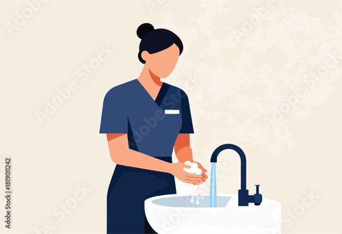Illustration depicts a person washing hands with soap and water at a sink. The person is wearing dark blue clothing
