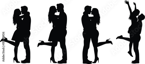Romantic couple silhouettes in love poses, black figures on white, affectionate stance, playful embrace, kiss, intimacy, modern vector art