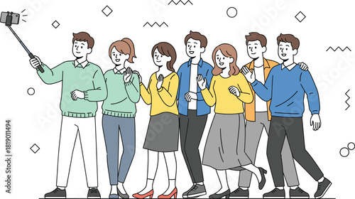 Group selfie with diverse people, casual clothing, geometric background, pink intersect line, modern concept, fun moment, togetherness, smartphone, selfie stick