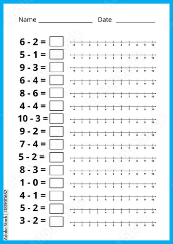 Math worksheet for kids, number line subtraction. preschool and school education