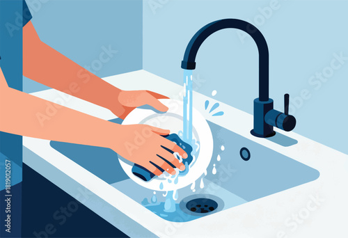 A person washes a white plate with a blue sponge under running water from a modern black faucet