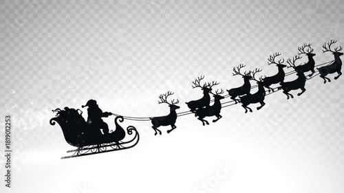 Santa Claus Sleigh and Reindeer Flying Silhouette Animation with Sparkling Snow for Christmas Holiday Season, No Transparent Background