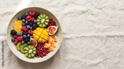 Colorful Bowl of Fresh Mixed Fruits on a Textured Linen Background