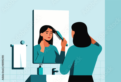 Illustration depicts a woman brushing her hair in a bathroom. She looks in the mirror as she brushes