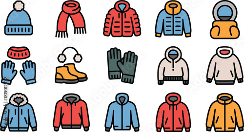 Collection of winter clothing icons featuring hats scarves gloves boots and various styles of jackets representing warmth and protection from cold weather