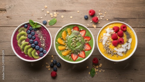 Colorful Smoothie Bowls with Fresh Fruits and Seeds on a Wooden Table