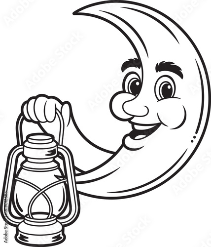 Whimsical crescent moon character holding a vintage lantern in black and white