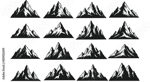 Set of 16 stylized black and white mountain icons