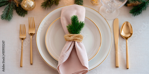 Elegant Christmas table setting with gold cutlery, white plates, pink napkin and pine branch decoration on a festive tablecloth with evergreen decor