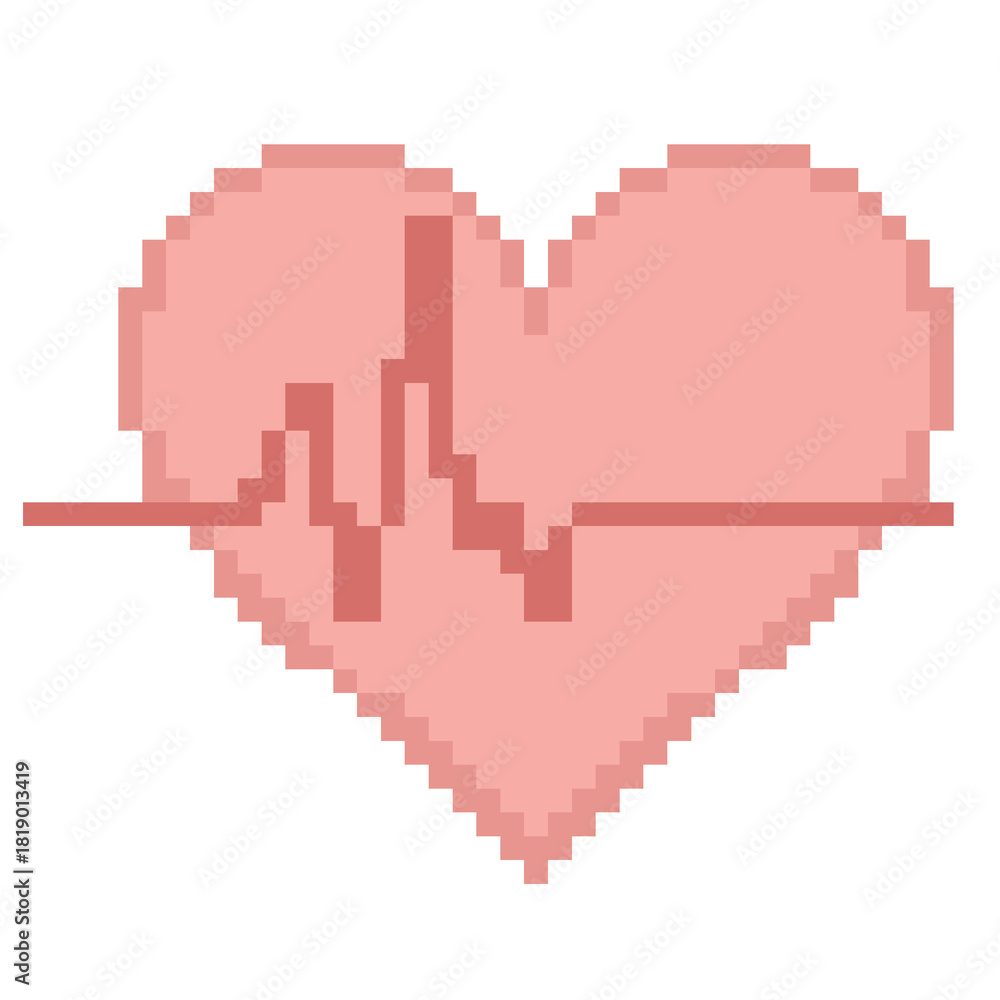 Obraz premium Heart with EKG line monitor pixel art icon for cardiology health concept