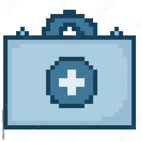 Blue first aid kit box pixel art icon for emergency medical assistance