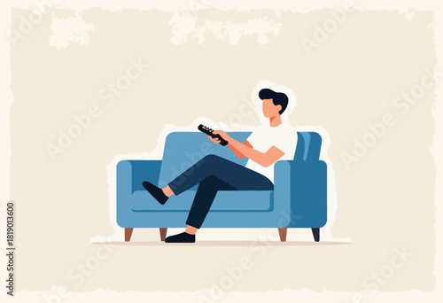 Illustration of a person sitting on a blue couch, holding a remote. Paper textured background
