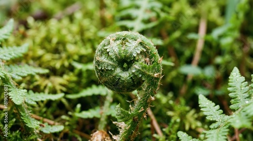 Fresh Green Fiddlehead Fern Unfurling in a Natural Forest Setting