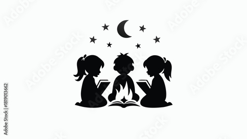 Whimsical conceptual illustration of children enjoying a stargazing storytime adventure under a magical night sky filled with constellations and celestial wonders