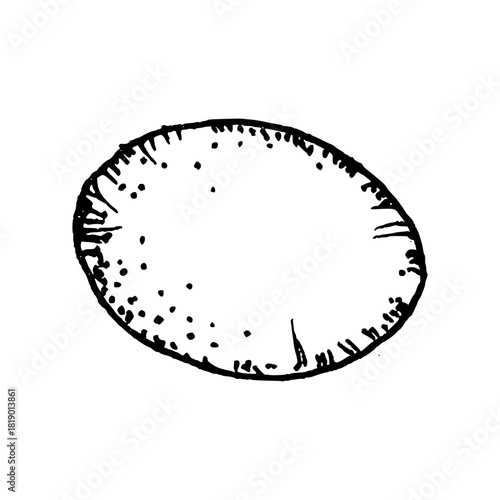 Black and white vector illustration of a whole olive drawn in clean line art. The simple hand-sketched shape shows surface texture and pits, suitable for food graphics, Mediterranean recipe layouts.