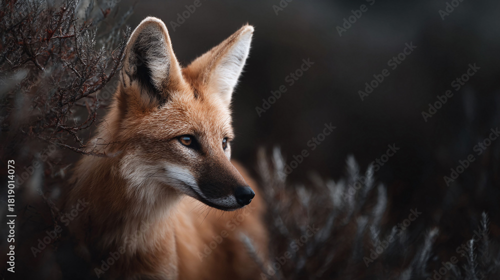 Obraz premium Captivating portrait of a wild fox in its natural habitat. Striking animal with intense gaze, symbolizing wilderness, intelligence, and adaptability.