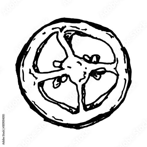 Black and white vector illustration of a chili pepper slice divided into four segments. Clear line art shows the seeds and shape, making it suitable for spicy ingredient sets and recipe graphics.