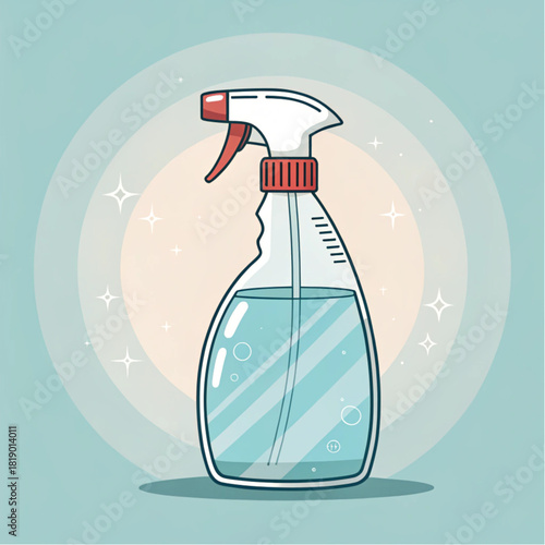 Hand drawn illustration of a clear spray bottle filled with blue liquid