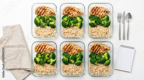 Six Healthy Meal Prep Containers with Grilled Chicken, Broccoli, and Brown Rice