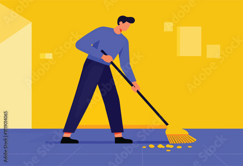 Illustration shows a man sweeping a floor with a broom. Yellow wall with light blue floor and a light corner