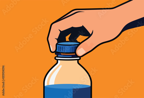 Illustration depicts a hand attempting to unscrew the blue cap of a bottle with blue liquid, on an orange background